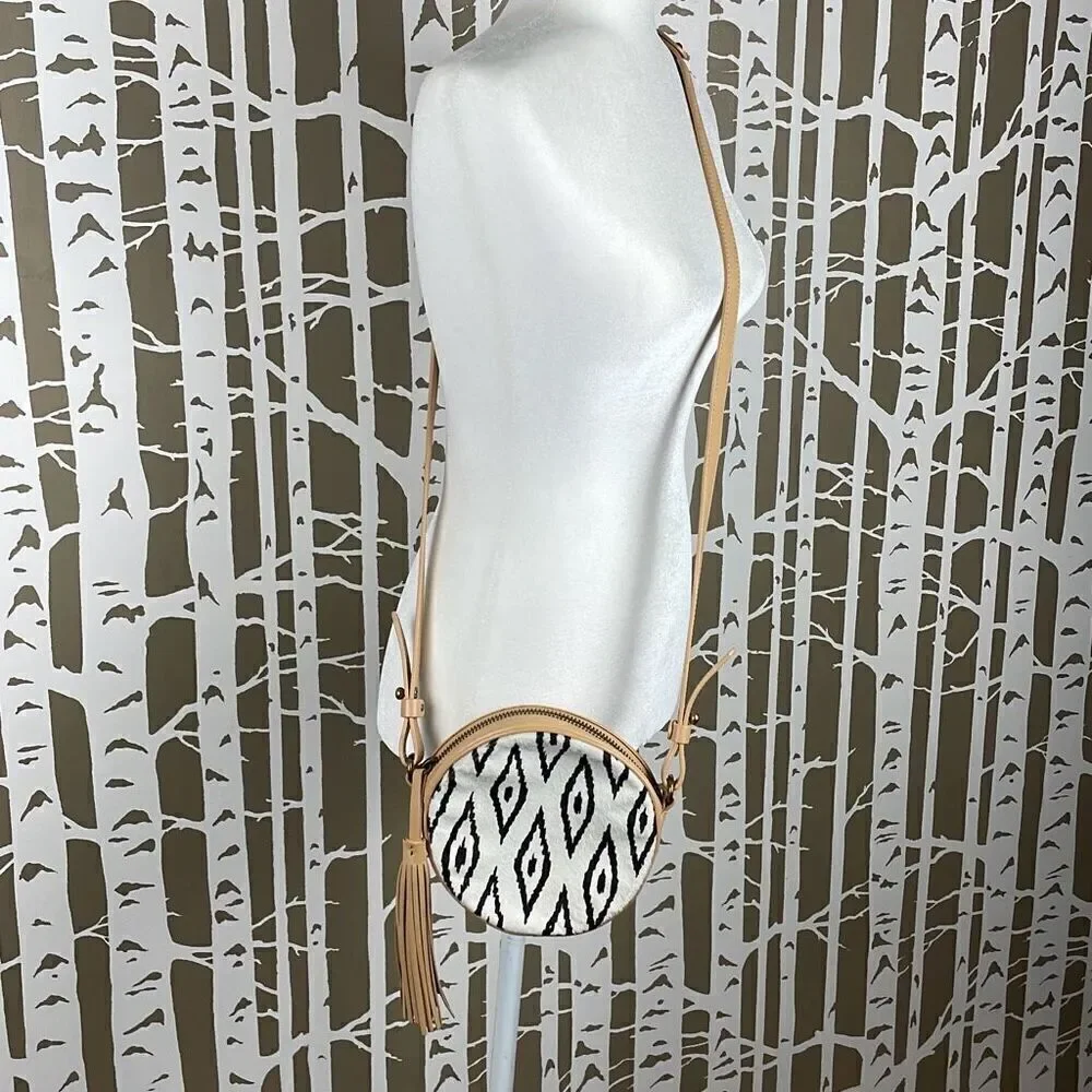 Cynthia Vincent Round Circular Ikat Print Hair Calf Leather Crossbody Bag